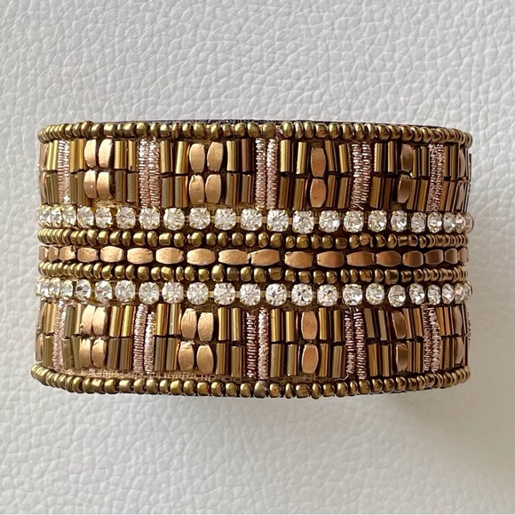 Golden Beaded Crystal Cuff Bracelet - Picture 1 of 7